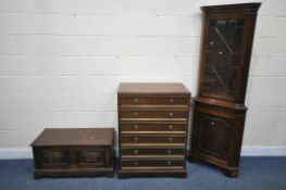 A MAHOGANY CORNER CUPBOARD, with a glazed door and cupboard door, a chest of six drawers and an