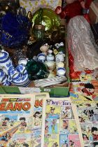 TWO BOXES AND LOOSE CERAMICS, GLASS, DOLL, BOOKS AND COMICS, to include a crystal blue cut to