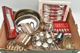 A BOX OF ASSORTED WHITE METAL WARE, to include a silver plate sugar bowl, milk jug and creamer, a