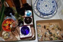 TWO BOXES OF CERAMICS, to include two flow blue oval meat plates, a large Clarendon blue and white