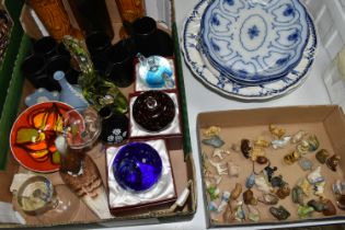 TWO BOXES OF CERAMICS, to include two flow blue oval meat plates, a large Clarendon blue and white