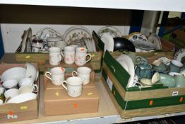 SIX BOXES OF TEA AND DINNER WARES ETC, to include green Denby Stoneware, Stanley rose pattern tea