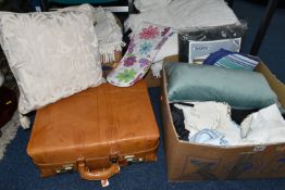 THREE BOXES OF CUSHIONS, THROWS AND CURTAINS, to include a tan leather combination lock briefcase,