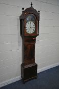 A 19TH CENTURY FLAME MAHOGANY EIGHT DAY LONGCASE CLOCK, the hood with three finials and barley twist