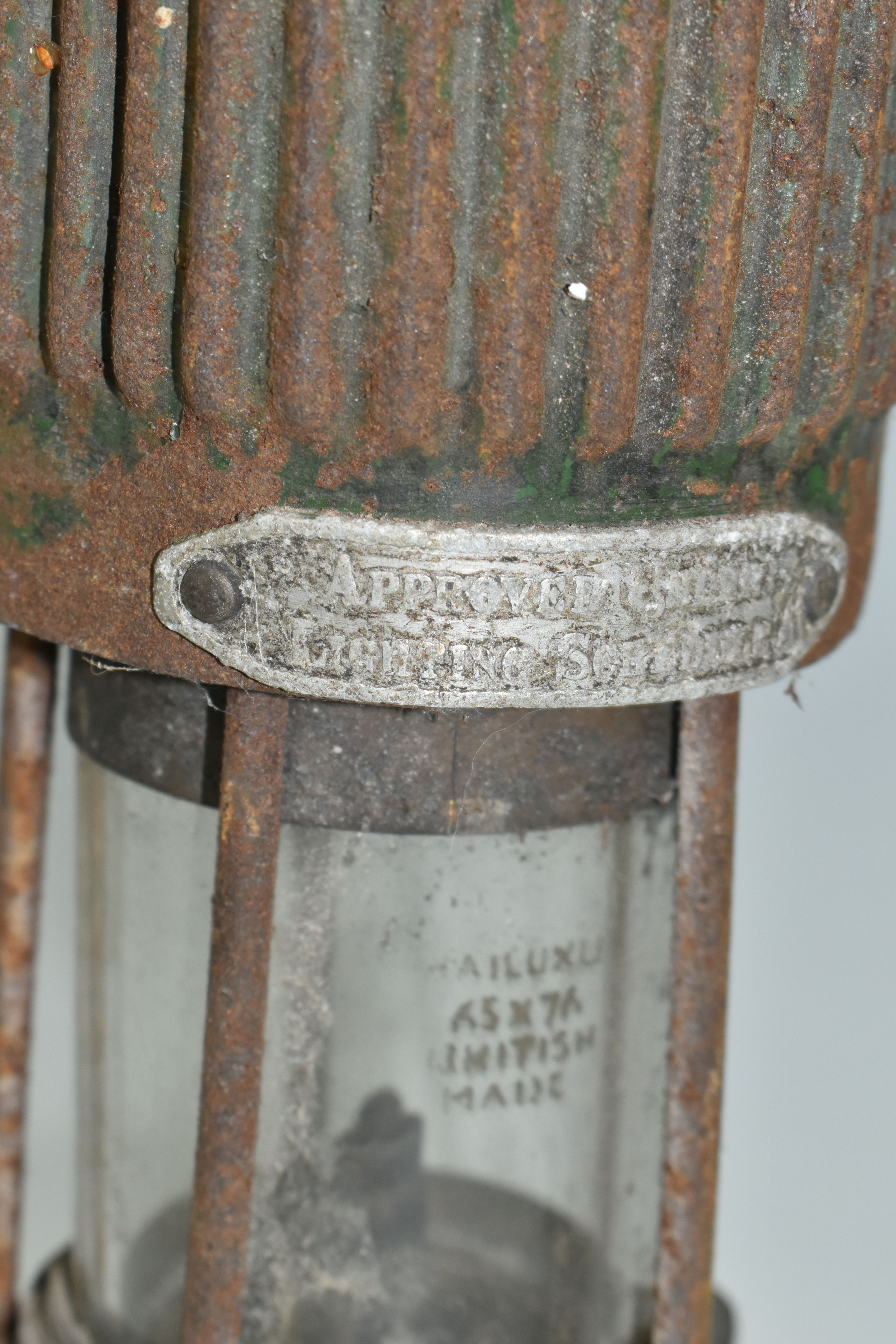 A VINTAGE PATTERSON TYPE MINER'S LAMP, in rusted condition, lettering to top indistinct, bears - Image 2 of 4