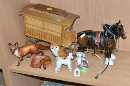 A GROUP OF BESWICK POTTERY FIGURES, comprising a Beswick Shire Horse with harness and wooden gypsy