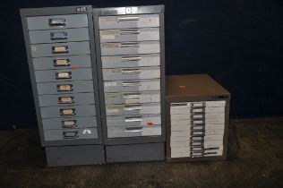 THREE VINTAGE METAL FILE DRAWERS comprising of a small Bisley chest of ten shallow drawers 33cm