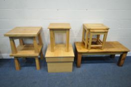 A SELECTION OF SOLID OAK OCCASIONAL FURNITURE, to include a square box side table, 61cm squared x
