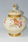 A ROYAL WORCESTER BLUSH IVORY POT POURRI VASE, with crown cover, hand painted with wild flowers,
