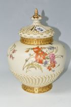 A ROYAL WORCESTER BLUSH IVORY POT POURRI VASE, with crown cover, hand painted with wild flowers,