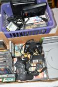 TWO BOXES CONTAINING A SONY PLAYSTATION, two controllers and assorted games, two Sega/Mega Drive