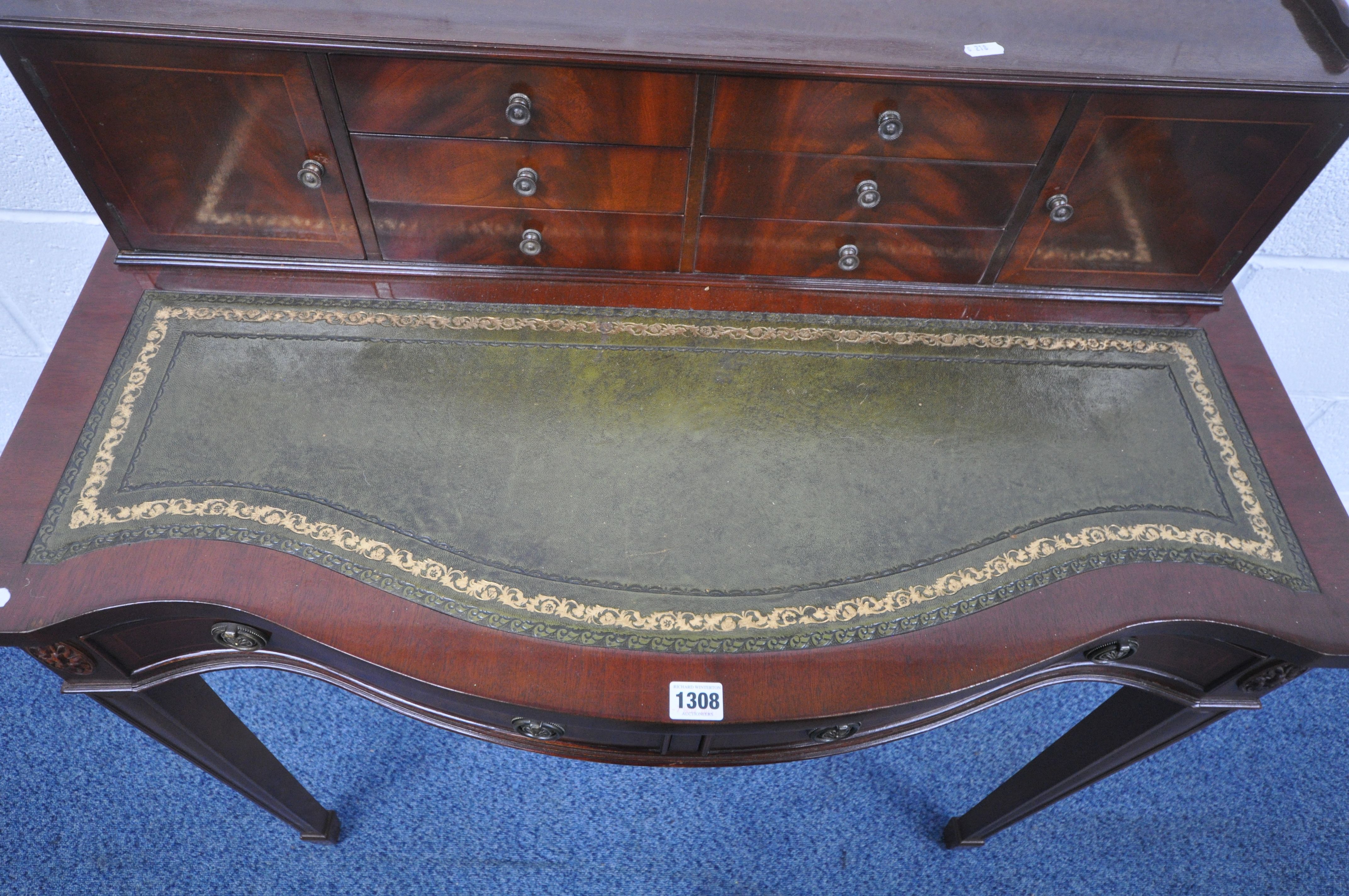 A 20TH CENTURY MAHOGANY BOW FRONT LADIES DESK, with a raised back, fitted with an arrangement of - Image 3 of 4