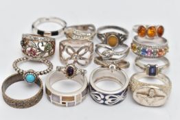 ASSORTED WHITE METAL RINGS, sixteen in total, various designs, some set with semi-precious stones