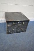 A SMALL BLACK PAINTED VICTORIAN PINE CHEST OF TWO DRAWERS, width 56cm x depth 62cm x height 40cm,