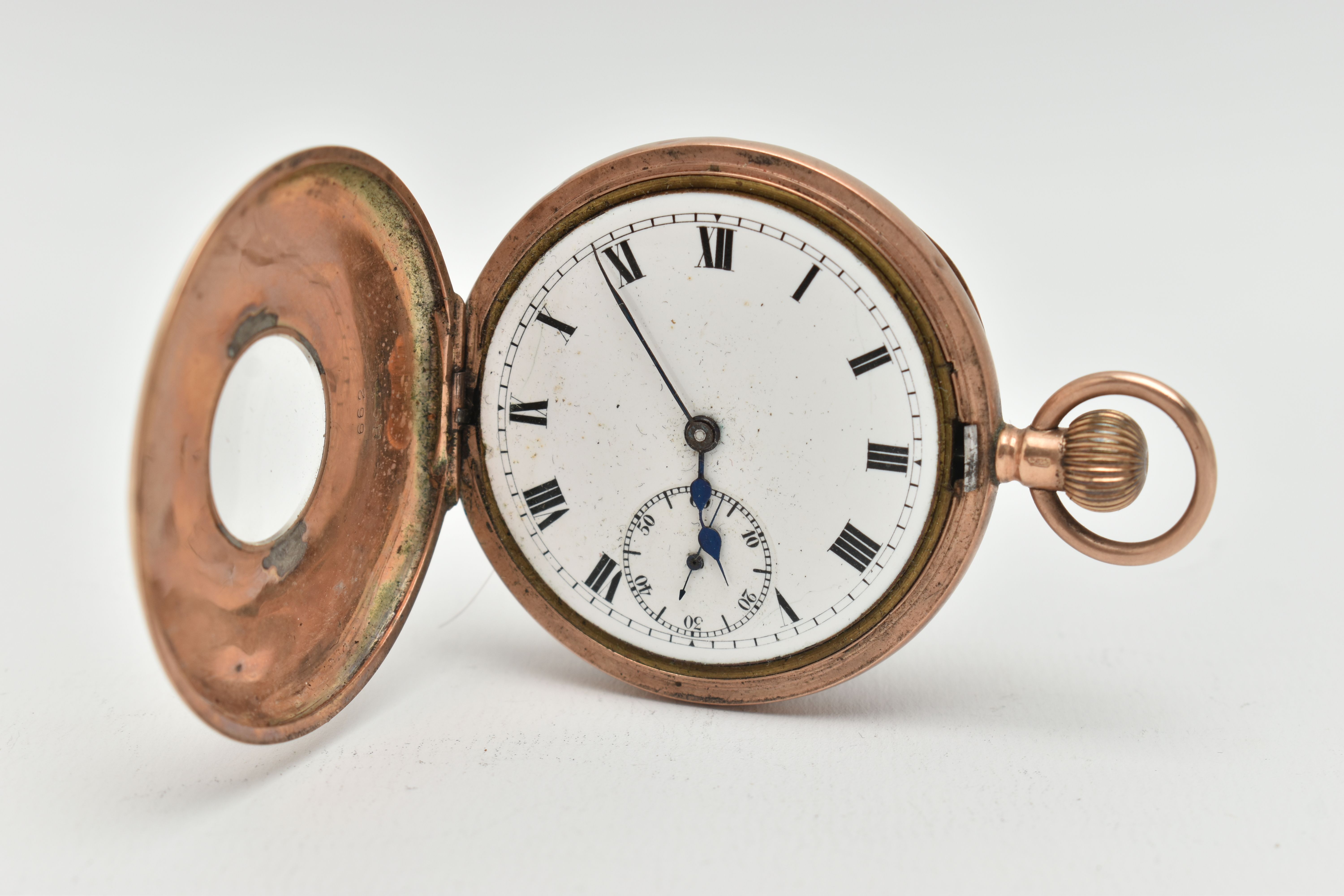 A 9CT GOLD HALF HUNTER POCKET WATCH, the white face with black Roman numerals and subsidiary seconds - Image 3 of 5