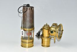 A VINTAGE RICHARD JOHNSON, CLAPHAM & MORRIS MINER'S SAFETY LAMP AND A BRASS LUCAS CALCIA CADET