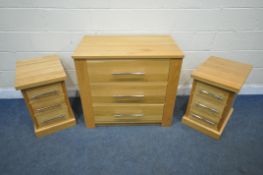 A SOLID OAK CHEST OF THREE LONG DRAWERS, with pine drawer linings, width 92cm x depth 56cm x