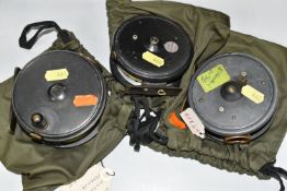 THREE FOSTER BROTHERS FISHING REELS, comprising three alloy reels with line and canvas bags (3) (