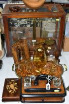 A CASED SET OF BAIRD & TATLOCK SCIENTIFIC SCALES, AN OLIVEWOOD FRET CUT PHOTOGRAPH FRAME, A LATE