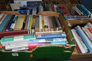 FIVE BOXES OF BOOKS containing over 150 miscellaneous titles in hardback and paperback formats,