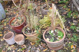 A SELECTION OF VARIOUS PLANT POTS, to include two glazed pots, three terracotta pots, etc (9)