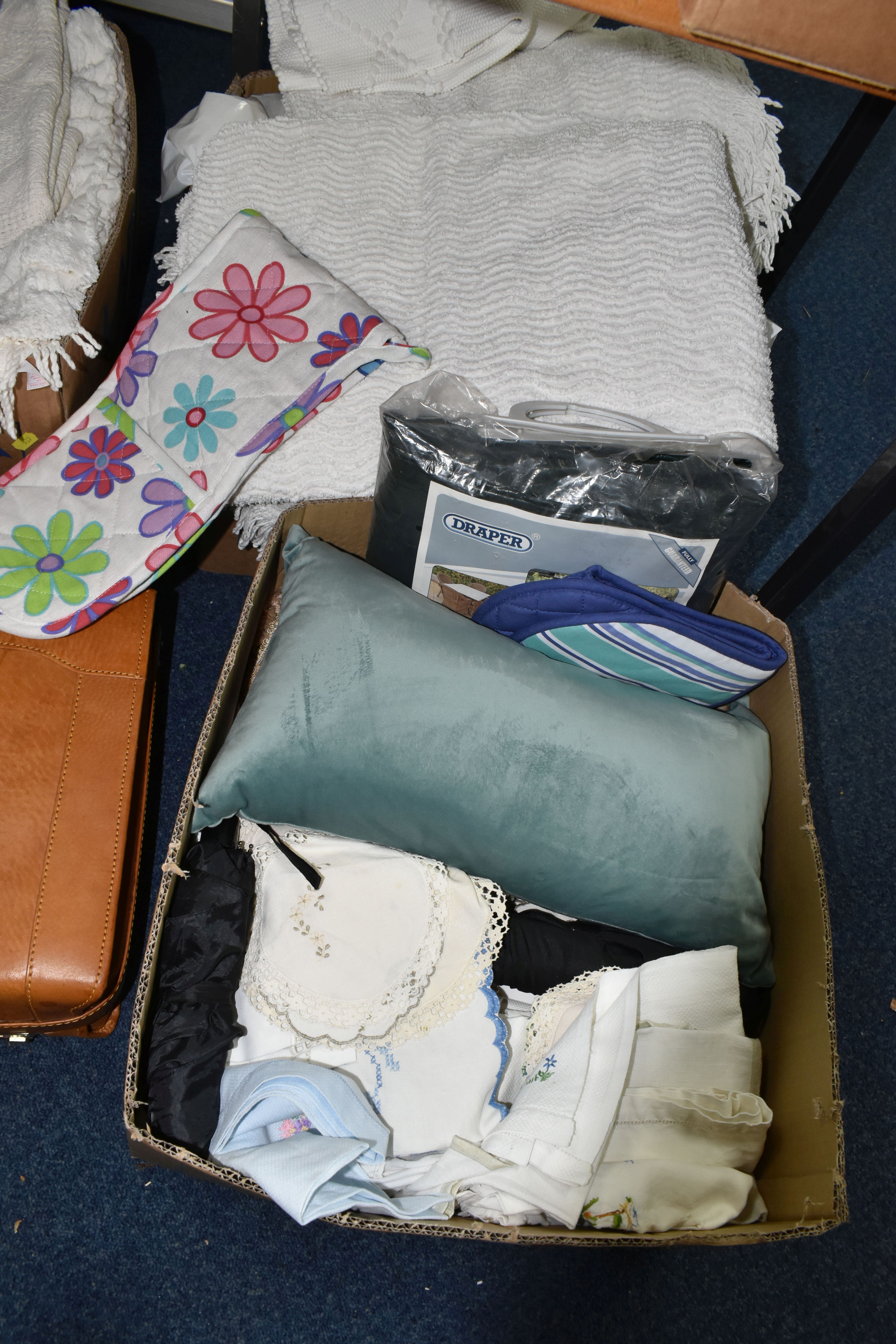 THREE BOXES OF CUSHIONS, THROWS AND CURTAINS, to include a tan leather combination lock briefcase, - Image 2 of 3