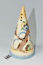 A CLARICE CLIFF 'TIGER TREE' SUGAR SIFTER, of conical form, painted with a fantasy tree in a