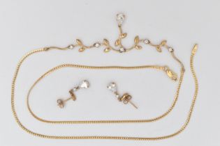 A 9CT GOLD NECKLACE AND DROP EARRINGS, the necklace designed as a V-shape foliate line set with