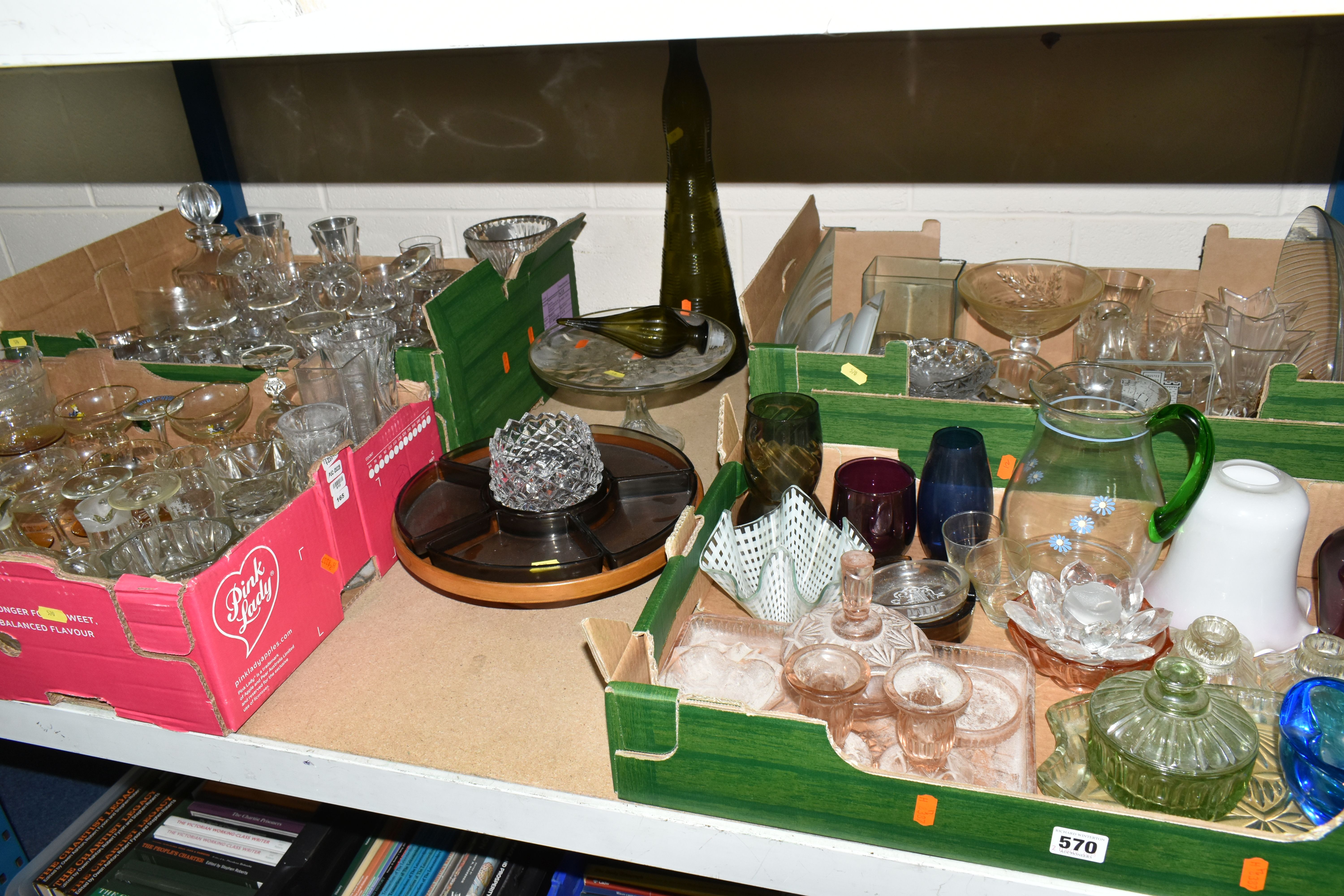 FOUR BOXES AND LOOSE ASSORTED GLASS WARES ETC, to include vintage Babycham glasses, vintage