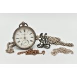 A SILVER OPEN FACE POCKET WATCH AND OTHER ITEMS, key wound pocket watch, round white dial, Roman