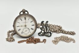 A SILVER OPEN FACE POCKET WATCH AND OTHER ITEMS, key wound pocket watch, round white dial, Roman