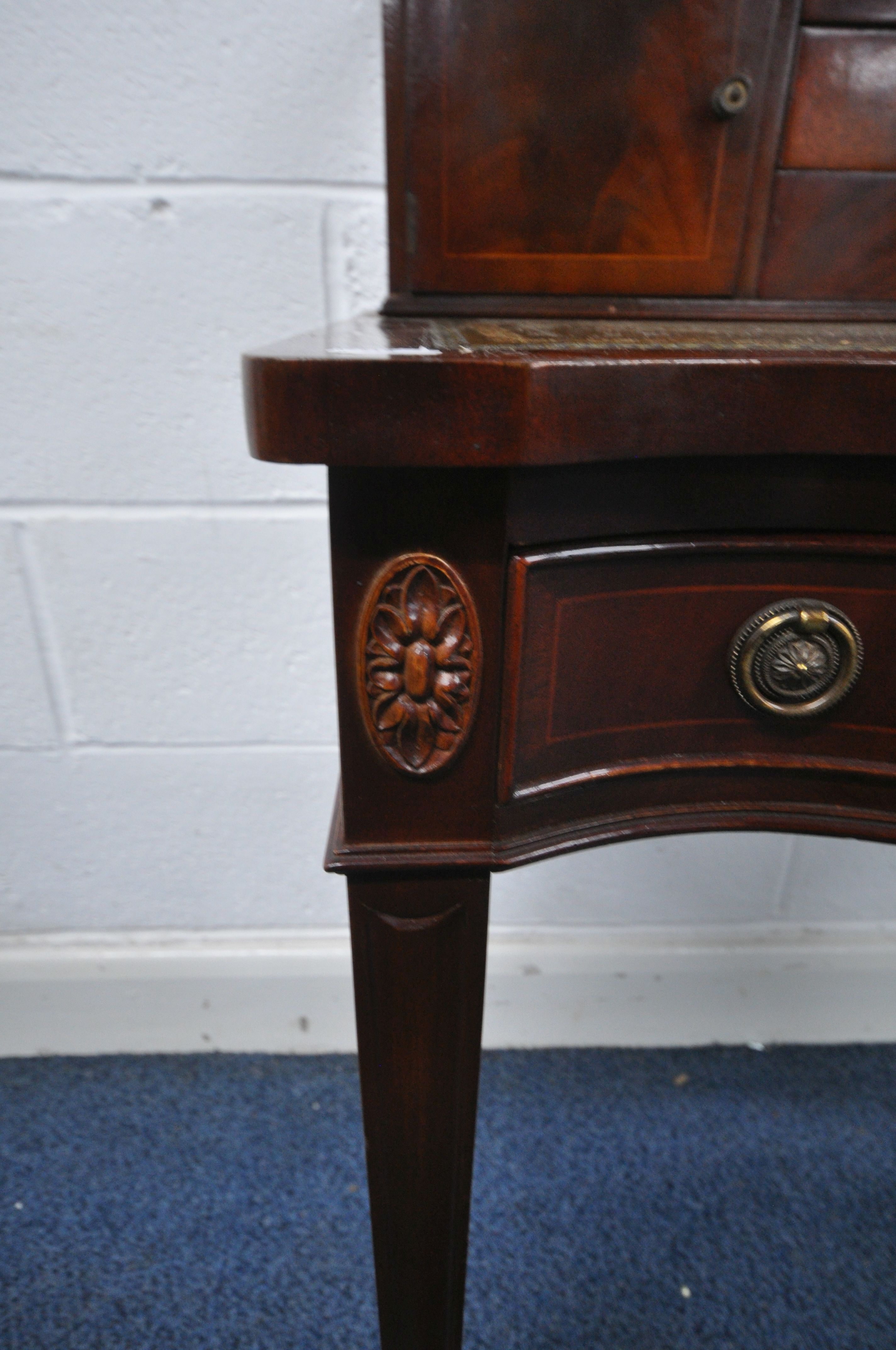 A 20TH CENTURY MAHOGANY BOW FRONT LADIES DESK, with a raised back, fitted with an arrangement of - Image 4 of 4