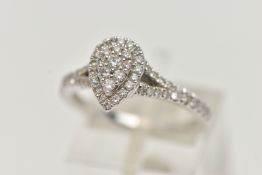 A 'VERA WANG', 18CT WHITE GOLD, DIAMOND SET RING, of a pear cut design, set with a cluster of