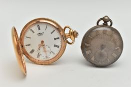 TWO POCCKET WATCHES, a white metal open face pocket watch, key wound movement, engine turned pattern