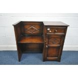 A 20TH CENTURY SOLID OAK HALL BENCH, with a single drawer and cupboard door, width 89cm x depth 42cm