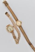 TWO LADYS 9CT GOLD WRISTWATCHES, the first a manual wind, round dial, Arabic numerals, subsidiary