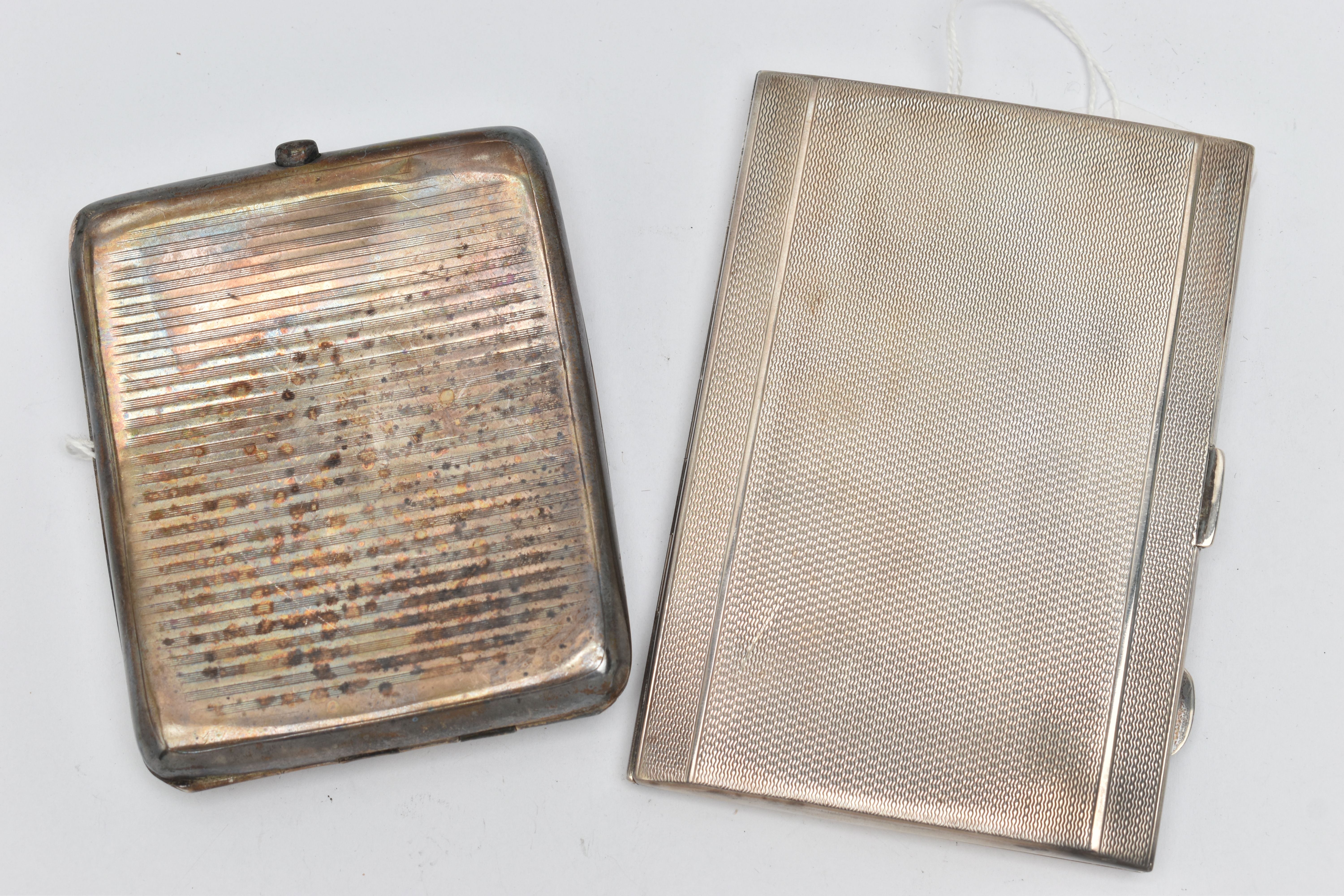TWO SILVER CIGARETTE CASES OF RECTANGULAR FORM, one engine turned with rectangular vacant cartouche, - Image 2 of 3