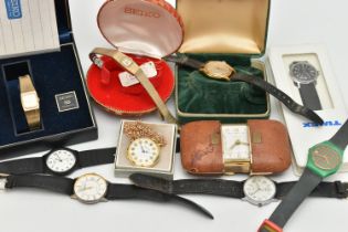 A BOX OF ASSORTED WRISTWATCHES, to include a gents gold plated 'Roamer' wristwatch, a boxed '