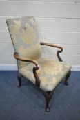 A REPRODUCTION MAHOGANY SHEPHERDS CROOK ARMCHAIR, with foliate upholstery, shaped open armrests,