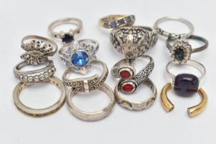 ASSORTED WHITE METAL RINGS, fifteen in total, various designs, some set with semi-precious stones