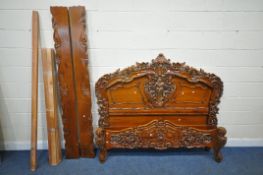A FRENCH ROCOCO STYLE HARDWOOD 5FT BEDSTEAD, with floral and foliate detail to headboard,