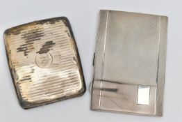 TWO SILVER CIGARETTE CASES OF RECTANGULAR FORM, one engine turned with rectangular vacant cartouche,