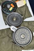 THREE FOSTER BROS OF ASHBOURNE FLY FISHING REELS, comprising two 3 1/2'' reels, and a 4'', all three