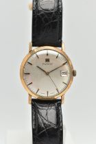 A GENTS 9CT GOLD 'TISSOT' WRISTWATCH, manual wind, round silver dial signed 'Tissot', baton markers,