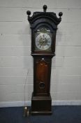 GEORGE GUEST OF ASTON, AN 18TH CENTURY OAK EIGHT DAY LONG CASE CLOCK, the hood with three finials,