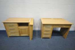 TWO SOLID OAK DESKS, one fitted with an arrangement of five drawers, length 129cm x depth 76cm x