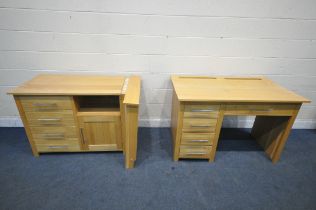 TWO SOLID OAK DESKS, one fitted with an arrangement of five drawers, length 129cm x depth 76cm x