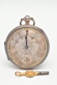 A LATE VICTORIAN SILVER OPEN FACE POCKET WATCH, key wound, round floral detailed two tone dial,