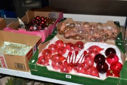 FIVE BOXES OF CHRISTMAS DECORATIONS, many red and clear glass baubles to include three clear Marquis