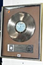 A FRAMED PLATINUM DISC AWARDED TO ROBERT PLANT FOR THE 'PRINCIPLE OF MOMENTS' LONG PLAYING ALBUM,